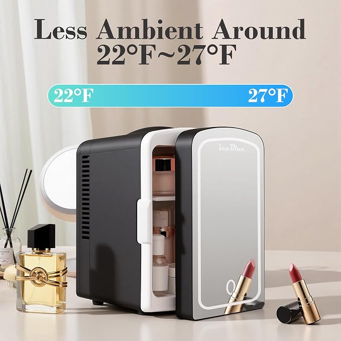 Mini Fridge, 4 Liter /6 Cans Makeup Fridge with Dimmable LED Mirror - Black | Compact Mini Skincare Fridge for Beauty & Beverages, Dual-use Portable Tiny Fridge for Bedroom, Desk, Office, Home, Car, Gift