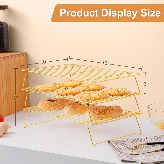 Cooling Rack for Cooking Baking 3 Tiers, 16" x 10" Wire Rack, Gold | Thick Wire Rack, Oven & Dishwasher Safe, for Roasting, Grilling, Drying, Fits Half Sheet Pan