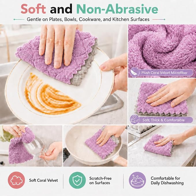 kimteny 12 Pack Dish Cloths for Washing Dishes | Super Absorbent Microfiber Kitchen Dish Rags, Fast Drying Coral Velvet Dish Cloths for Kitchen Counter and Dishes,Purple-Grey