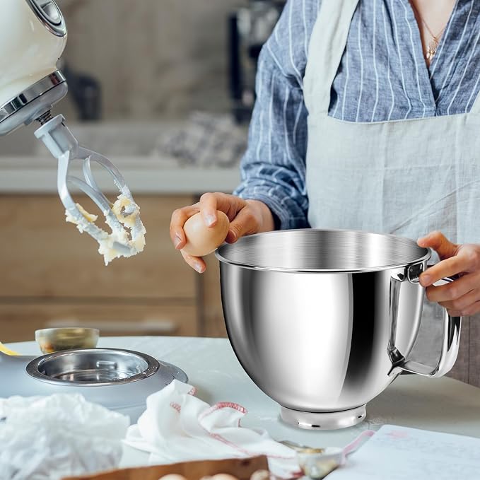 5 Quart Mixing Bowl for KitchenAid Stand Mixers, Food-Grade Stainless Steel Bowl with Handle & Clasp, Compatible with Tilt-Head 4.5–5 Qt Models – Fits K45, K45SS, KSM75, KSM150, KSM95