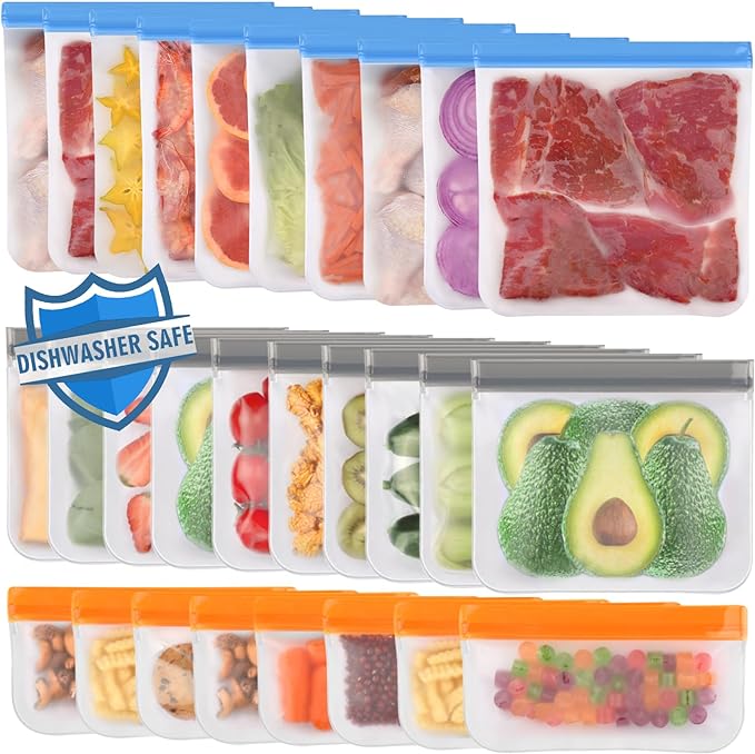 Lerine 28 Pack Reusable Freezer Bags Dishwasher Safe, Food Storage Bags | BPA-Free, Food-Grade Material, Leakproof, Extra Thick, Double-Seal, for Marinating Meats, Lunch, Sandwich, Snack, Travel