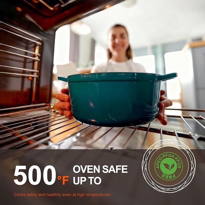 Overmont Enameled Cast Iron Dutch Oven - 5.5QT Pot with Lid Cookbook & Cotton Potholders - Heavy-Duty Cookware for Braising, Stews, Roasting, Sourdough Baking Bottle green