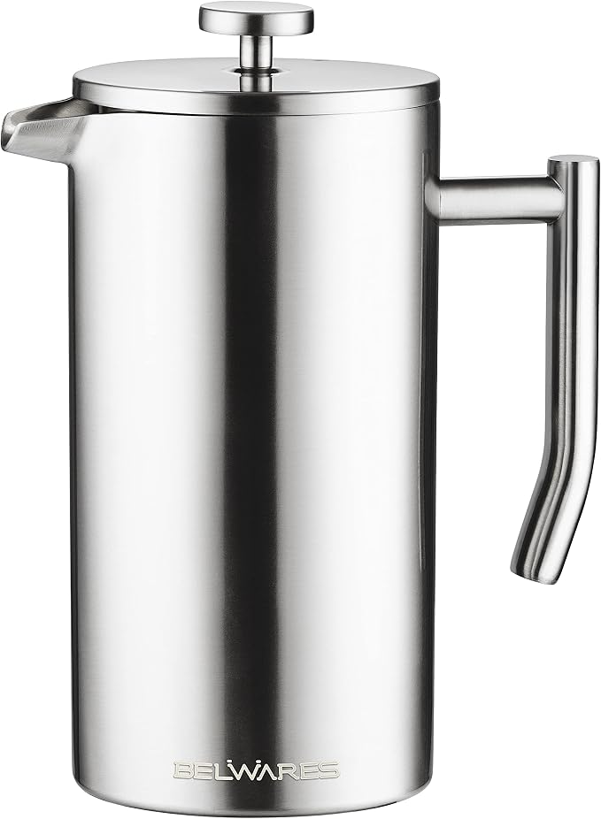 Belwares French Press Coffee Maker - Large 50oz 6-Cup, 304 Stainless Steel Coffee Press, Double Wall Insulated Heat Retention, 4-Level Filtration for Smooth Ground-Free Coffee, 2 Extra Filters, Silver