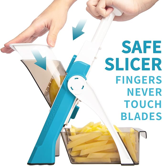 ONCE FOR ALL Safe Mandoline Slicer Kitchen, All in 1 Vegetable Slicer, Blue | Adjustable Thickness, Potato Slicer Veggie Chopper, Strips Julienne Dicer, French Fry Cutter, Dishwasher Safe, Kitchen Gift