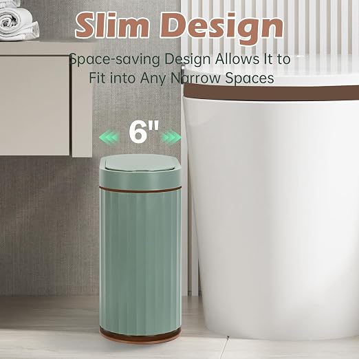 ELPHECO Bathroom Trash Can with Automatic Lid, 2 Gallon, Sage Green Gold | Motion Sensor Wastebasket, Smart Garbage Can, IPX5 Waterproof Slim Trash Bin for Office, Kitchen and Bathroom