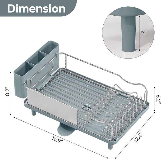 Urackify Dish Drying Rack - Stainless Steel Dish Rack with Auto Drain, Blue | Rustproof Dish Drainer with Cutlery Holder & Auto Drain, 16.9" L x 12.4" W Big Load for Plate Dish Sliverware, Light Geen