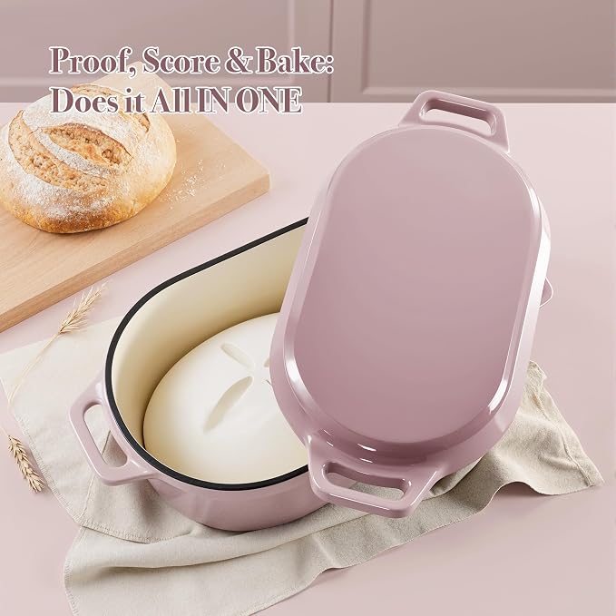 Dutch Oven for Bread Baking, 3.4 QT Bread Dutch Oven for Sourdough,Enamelled Cast Iron Bread Oven with Lids, Heavy-Duty Non Stick Sourdough Loaf Pan, Meatloaf Pan, Pink