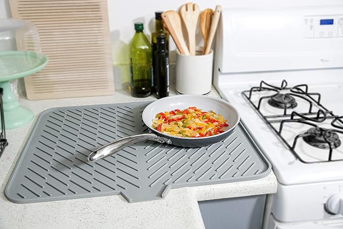 Silicone Dish Drying Mat with Built-in Drain Lip - Hygienic Drying Pad - Sturdy Compact Easy to Clean Tray Protects Surfaces Prevents Water Build Up - 23 X 17 (White)
