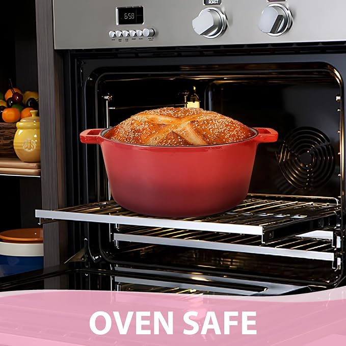 TeamFar 5qt Dutch Oven, Pre-seasoned Cast Iron for Bread Baking, Red | 2-in-1 Bread Pan with Skillet Lid, Oven & Stovetop Safe for Baking Frying Stewing Grilling, Home Use Or Outdoor Camping