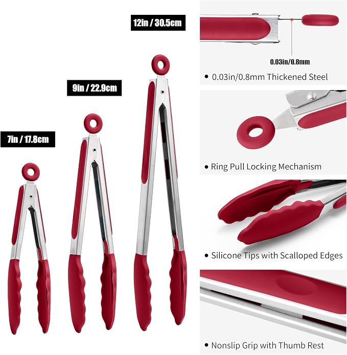 Doosu Kitchen Tongs with Silicone Tips for Cooking Serving (3Pcs, Red) | 600°F Heat Resistant Food Tong, Heavy Duty Stainless Steel Locking Tong for BBQ, Grilling Steak, Salad, Toast, Pasta