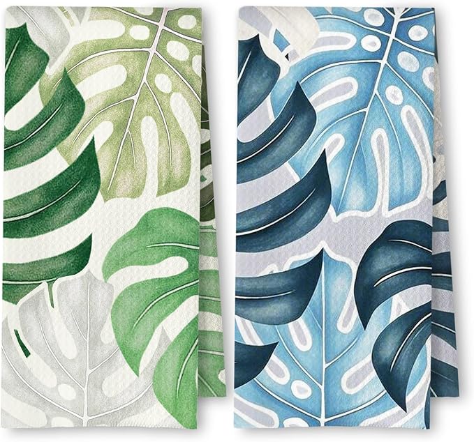 Boho Tropical Kitchen Towels Set of 2, Palm Leaf Botanical Dish Tea Towels for Kitchen Decor, Blue and Green Monstera Leaf Decorative Hand Towels for Bathroom Decor, 16x24 Inches