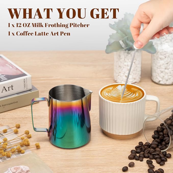Amrules Milk Frothing Pitcher 12oz Frother Cup Barista Tools, Multicolor | 18/8 Stainless Steel, 12oz Capacity with Clear Scale, with Decorating Pen, Ergonomic Handle, for Cappuccino, Latte & Espresso