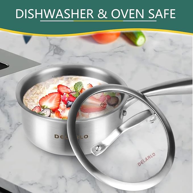 DELARLO Full-body Clad Tri-ply Stainless Steel 1.5 Quart Saucepan with Lid | Small Stainless Steel Pot Induction Cooking Sauce Pot Pan, Heavy Duty Saucier Cookware, PFOA&PTFE Free