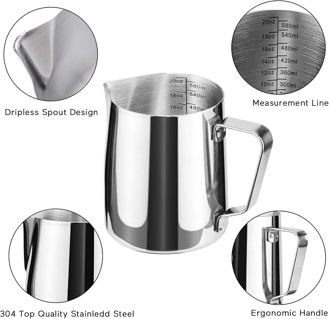 20oz Stainless Steel Milk Frothing Pitcher - Espresso Latte Steaming Creamer Jug for Coffee Cappuccino - Milk Frother Barista Tools With Latte Art Pen
