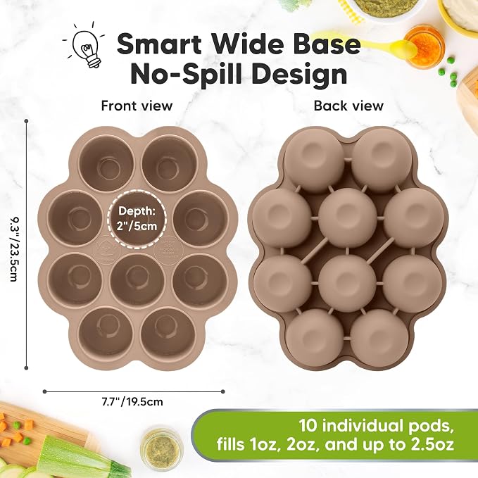 KeaBabies Silicone Food Freezer Trays with Lid, 2oz x 10 Pods (Chai Latte) | Baby Food Storage Containers, Easy Puree Meal Prep, Breast Milk Silicone Freezer Molds, Dishwasher, Microwave Safe, BPA-Free