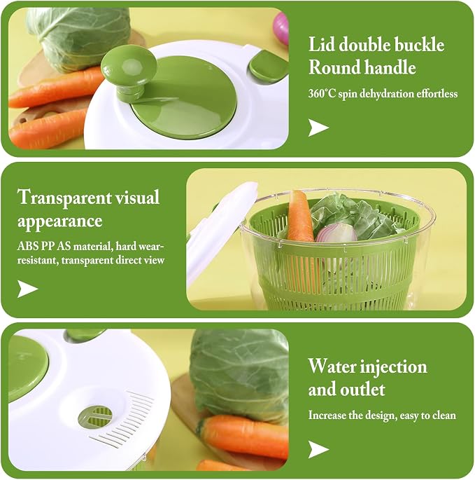 Large Salad Spinner with Lid, 5 Qt Capacity, Manual Vegetable Dryer with Double-Lock Handle, Quick and Easy Multi-Use Lettuce Spinner, Vegetable Dryer, Fruit Washer