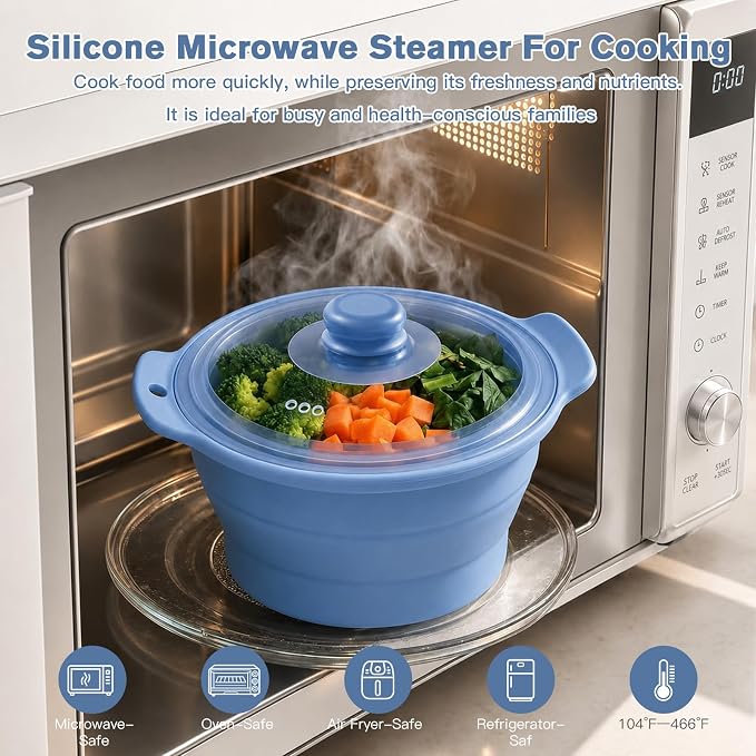 42oz Silicone Microwave Food Steamer with Steam Basket, Collapsible Steamer for Cooking Vegetable, Seafood, Dumplings, Rice Cooker, BPA Free Steam Pot with Handle & Lid, Dishwasher Safe (Dark Blue)