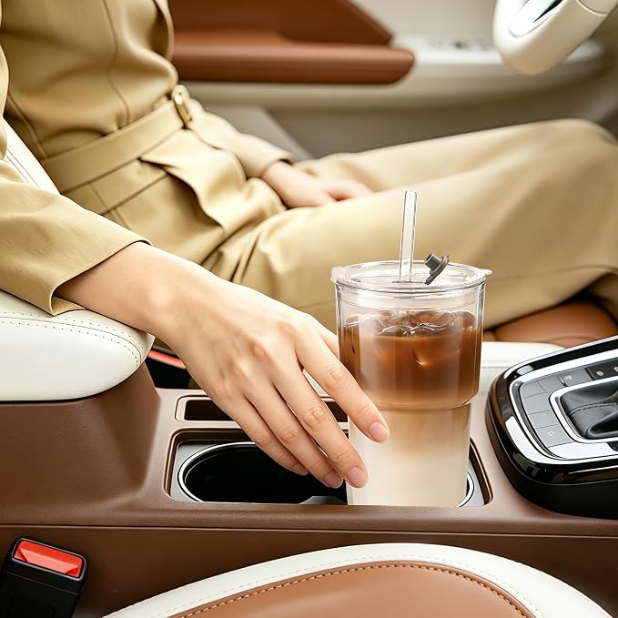 Iced Coffee Cups with Lids: Coffee Bar Accessories - Tumbler Leak Proof for To Go Iced Coffee Cup with Lid 4Pack - 20 oz Glass Cup with Lid and Straws - Thickened Glass Tumbler with Straw and Lid600ml