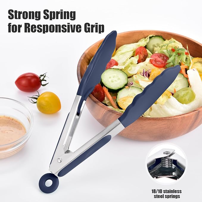 Doosu Kitchen Tongs with Silicone Tips for Cooking Serving (7in, Navy Blue) | 600°F Heat Resistant Food Tong, Heavy Duty Stainless Steel Locking Tong for BBQ, Grilling Steak, Salad, Toast, Pasta
