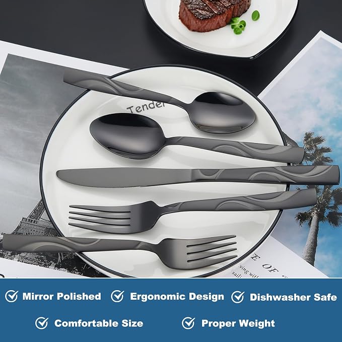 40-Piece Black Silverware Set for 8 | Grade 430 Stainless Steel Gray Cutlery Set, Include Knives, Forks, and Spoons for 8 People, Dishwasher Safe