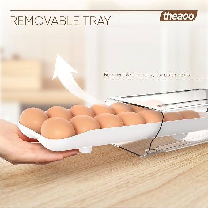 theaoo Egg Holder for Fridge, Automatic Rolling Egg Container, White, 1Pack | Quick Removable Inner Tray For Easy Egg Loading. Stackable Egg Dispenser For Refrigerator Storage And Organization