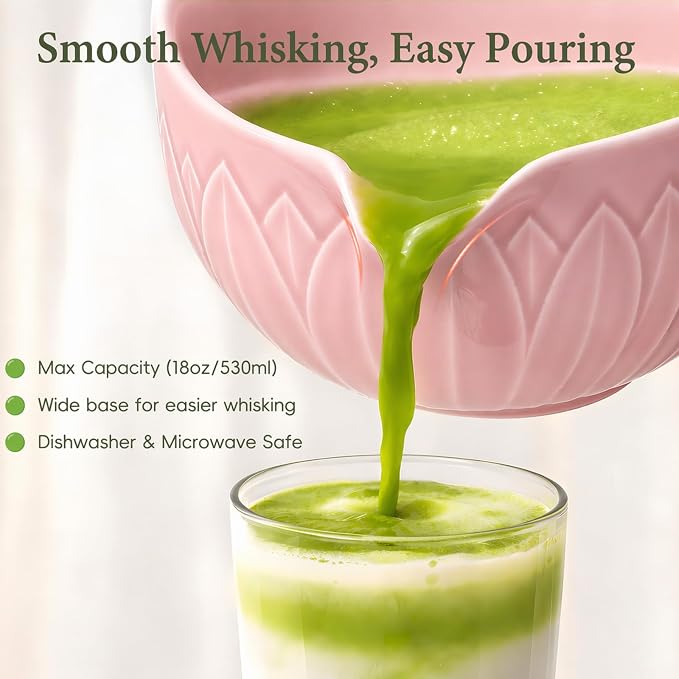 Matcha Whisk Set, Ceramic Matcha Set Includes Bowl & Holder, Bamboo Whisk (Chasen), Scoop, Spoon and Sifter, 6Pcs Matcha Kit Covers Everything Needed for Making Matcha (Leaf Pink)