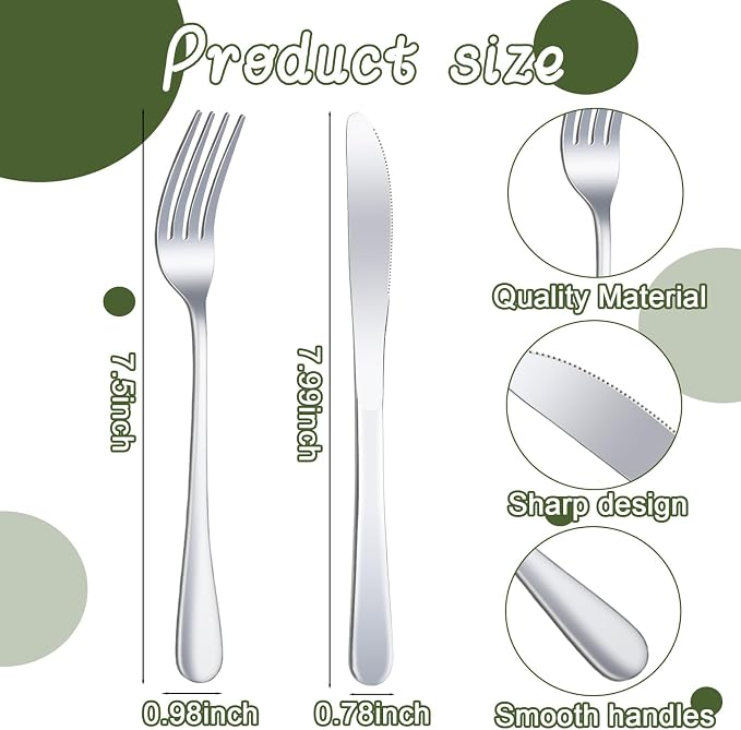 24 Pcs Stainless Steel Silverware Dinner Fork and Knife Set Flatware Forks Silver Tableware Cutlery Set Bulk for Kitchen Restaurant Home (8.1X 1 Inch, 8 X 0.8 Inch)