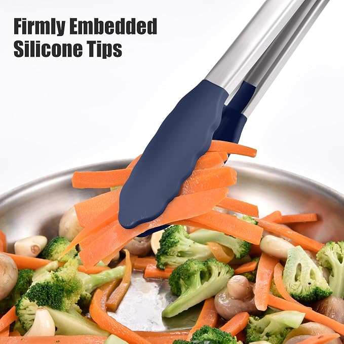 Doosu Kitchen Tongs with Silicone Tips for Cooking Serving (16in, Navy) | 600°F Heat Resistant Food Tong, Heavy Duty Stainless Steel Locking Tong for BBQ, Grilling Steak, Salad, Toast, Pasta