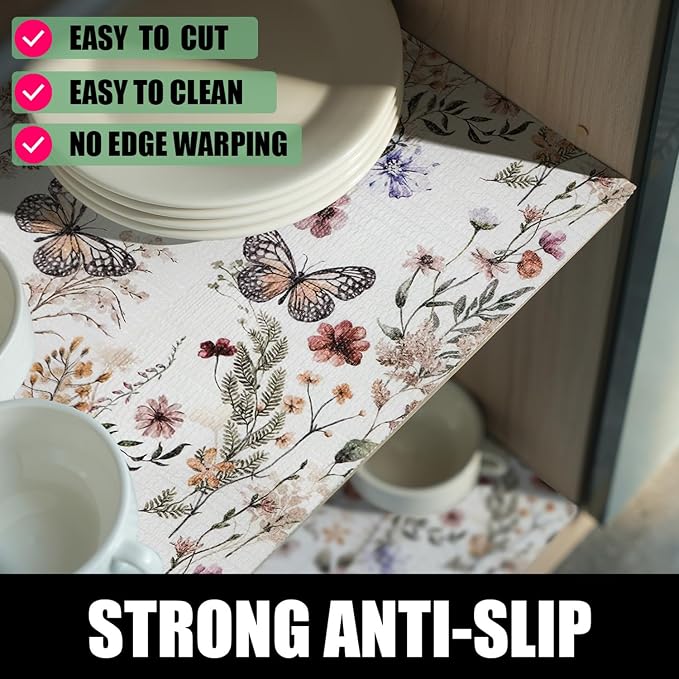 Floral Shelf Liners Non Adhesive Strong Non-Slip 16IN x 20FT | Shelf and Drawer Liners for Kitchen Cabinet Wire Fridge, Waterproof Shelf Drawer Liner,Easy to Clean,Butterfly