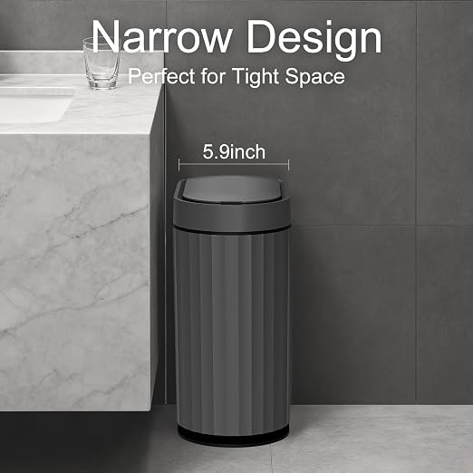 ELPHECO Bathroom Trash Can with Automatic Lid, 2 Gallon, Cement Grey Black | Motion Sensor Garbage Can, IPX5 Waterproof Slim Plastic Wastebasket, Smart Trash Bin for Bedroom, Bathroom and Office