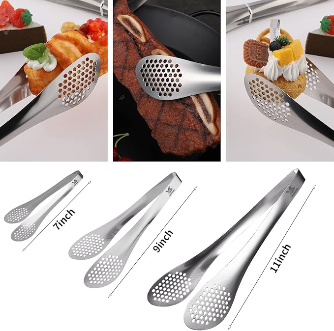 MSY BIGSUNNY Chef Kitchen Tongs Stainless Steel Food Serving Tongs Set Buffet tongs (silver 7" 9" & 11", 3 pack) | 7" 9" & 11", Food Serving Tongs Set