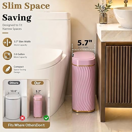 2.6 Gallon Automatic Bathroom Trash Can with Touchless Lid,Pink Gold | Motion Sensor Trash Can with Slim Waterproof Body; Small Plastic Garbage Can, hands-free lid for Bedroom, office, and kitchen
