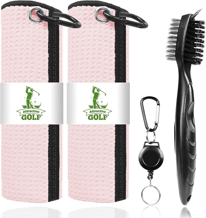 2 Pack Golf Towels with Club Brush, Microfiber Waffle Cleaning Set | Waffle pattern microfiber for strong water absorption, cleans clubs & balls, 2 towels + 1 brush, ideal for golfers
