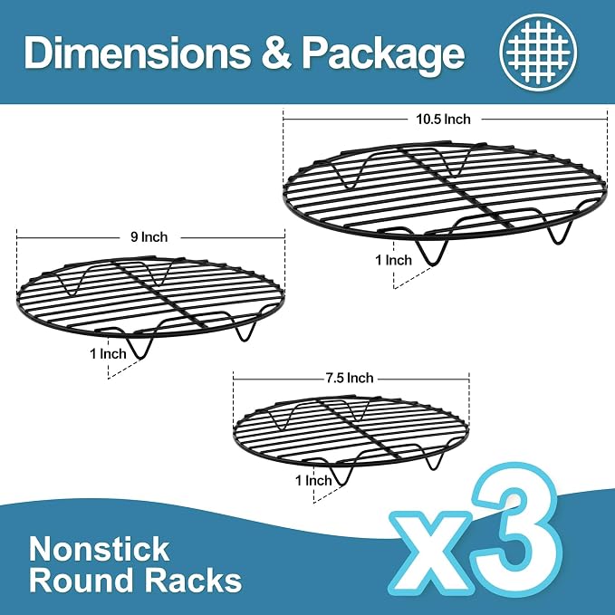 P&P CHEF Round Cooking Rack, Cooling Rack for Steamer, 7.5+9+10.5”, Black | 3 Pack Stainless Steel Baking Rack for Grilling Roasting, Fits Air Fryer, Canning Pot, Oven & Dishwasher Safe, Non-toxic