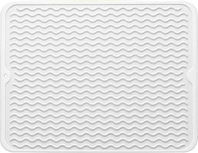 Silicone Dish Drying Mat, Non-Slip Easy Clean Sink Mat, White, 17" x 14" | Quick-Dry Ridges, Large Heat-resistant Dish Drainer Mat for Kitchen Counter, Hangable & Roll-Up for Storage, Dishwasher Safe