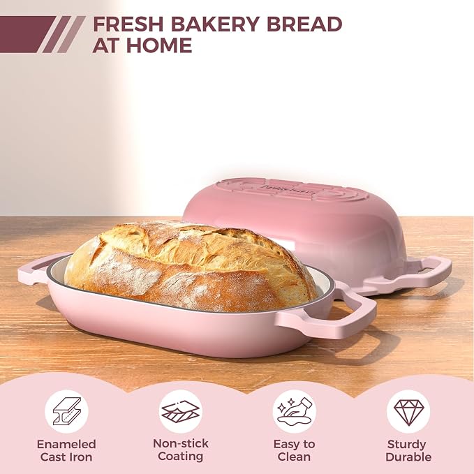 Wildone Enameled Cast Iron Dutch Oven Pot with Lid, Oval Bread Oven | Loaf Cast Iron Bread Pan for Homemade Bread Baking, Meatloaf Pan with Lid, 5.5QT, Pink