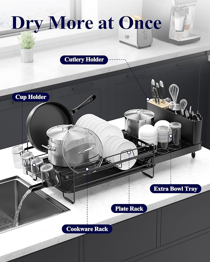Kitsure Extendable Dish Drying Rack, 19.2"-26.7" L x 12.9" W, Black | Large Dish Rack, Multifunctional Dish Rack for Kitchen Counter, Anti-Rust Dish Drainers with Cutlery & Cup Holders