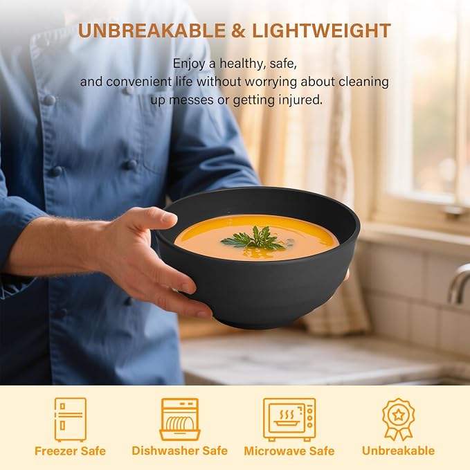 Unbreakable Big Bowl Set of 8: Alternative to Large Plastic Bowls - 60oz Wheat Straw Bowls for Salad, Soup & Cereal, Microwave & Dishwasher Safe for Everyday Use & Picnics - Black