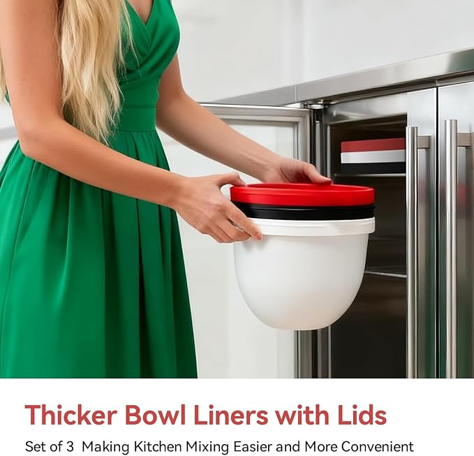 Silicone Liners Compatible with KitchenAid 5 Qt Tilt-Head Stand Mixer (Only), Odourless, Thicker, Cold/Heat-Resistant & Non-Stick, Easy Clean, Fits 5 Quart Mixing Bowl, Set of 3 with Lids