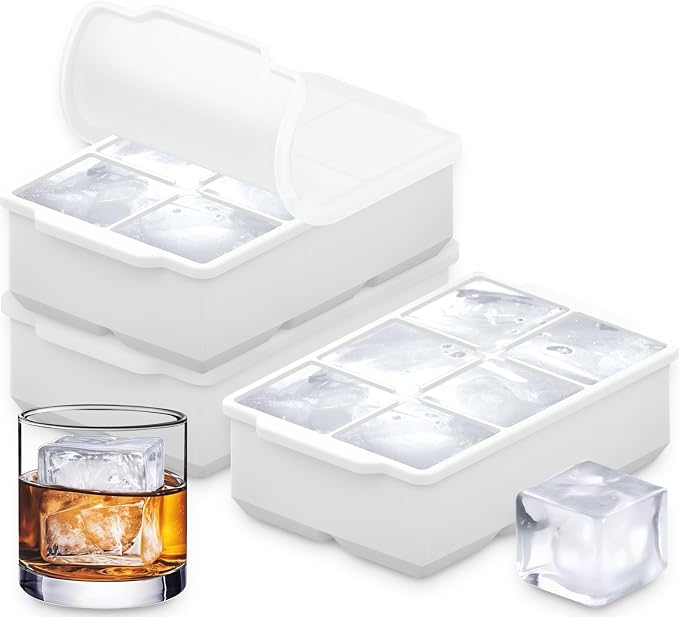 KitchFort® Large Silicone Ice Cube Tray (3-Pack) - 2" Big Ice Mold with Lid | Easy Release, Cocktail, Whiskey Ice Cubes Mold - Food Grade - Ice Cube Trays for Freezer - Stackable Silicone Ice Tray