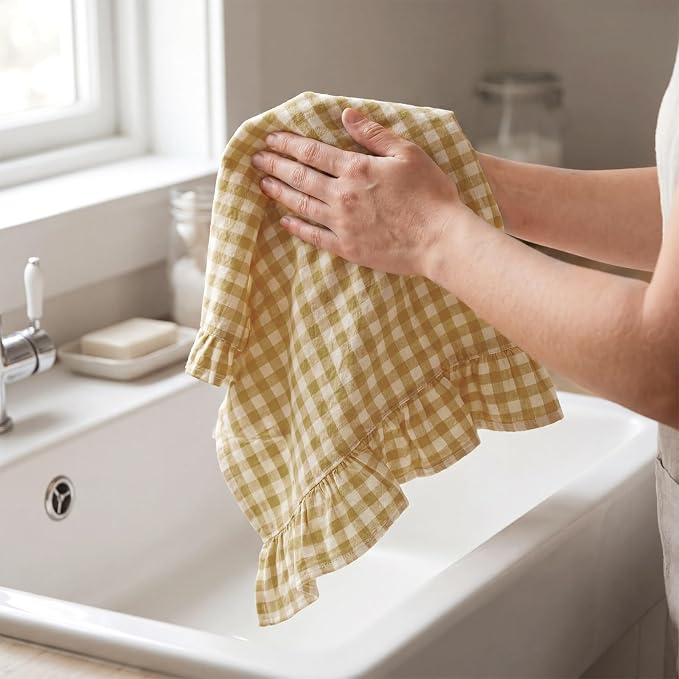 HunnmingRe 2 Pcs Yellow Pink Gingham Kitchen Towels Cotton Ruffled | Checked Dish Towels 18"x28" Tea Cloths Plaid Cottage Core Kitchen Decor for Farmhouse Charm Drying Dishes Entertaining Guests
