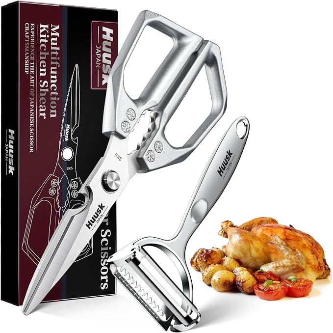 Huusk Kitchen Scissors and Vegetable Peeler Set, Japanese Stainless Steel | Multifunction Kitchen Shears & Potato Peeler, Ergonomic Non-Slip Handle Design, Easy to Clean, Gifts for Women