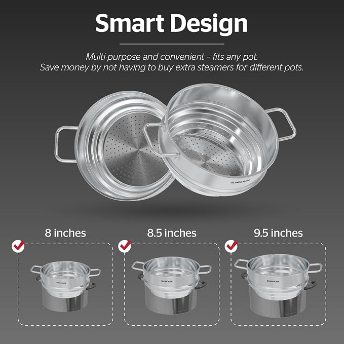 SUNHOUSE 5 QT Stainless Steel Steamer Basket for Pot, Universal Insert | Food & Vegetable Steaming Rack with Glass Lid, Stay-Cool Handles - Fits 8, 8.5, 9.5 Inch Pots - Cestello Vaporera