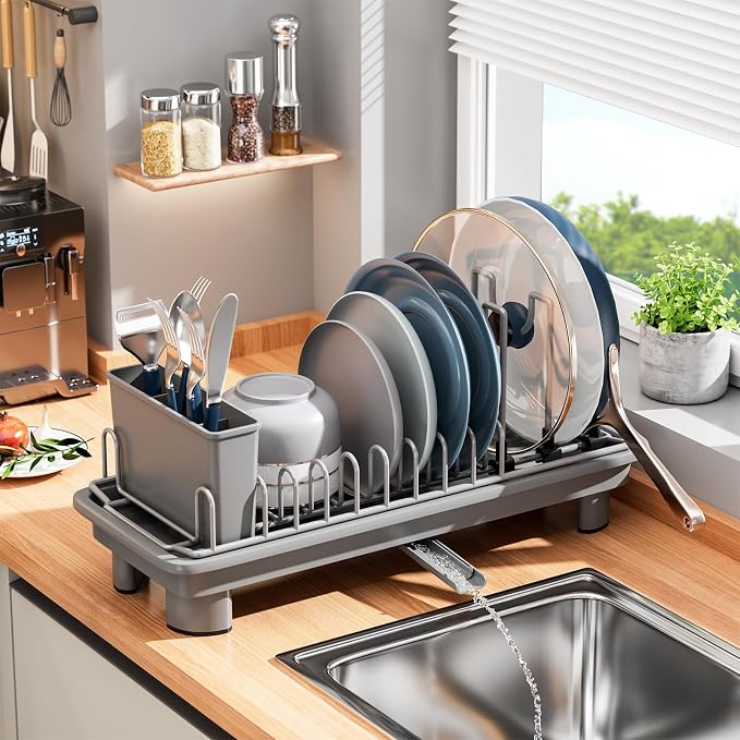 Small Dish Drying Rack, Stainless Steel with Drain Board & Utensil Holder | Anti-Scratch Base, Space Saving Design for Kitchen Counter, Grey