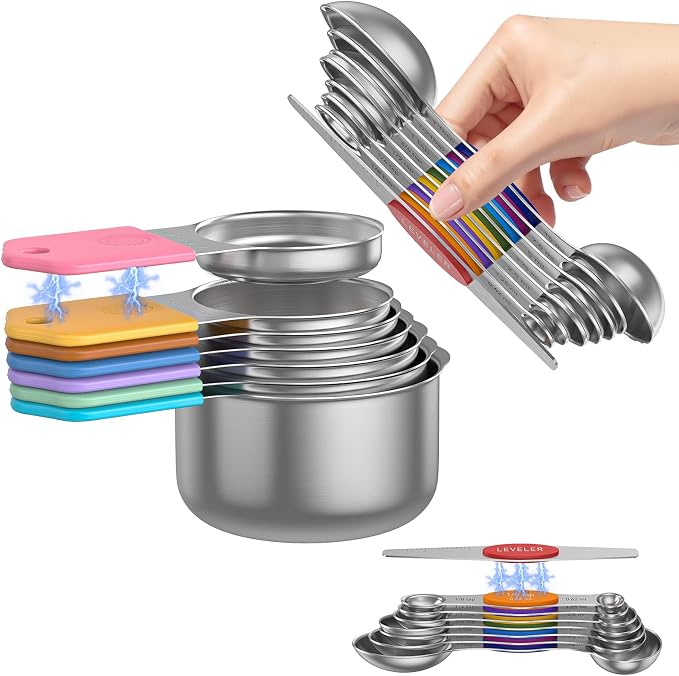 Magnetic Measuring Cups and Spoons Set – 304 Stainless Steel | Dual-Sided Markings | Space-Saving Kitchen Organizer | N52 Magnetic Nesting | 15-Piece with Leveler | Baking & Gift(Colorful)