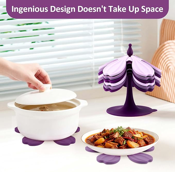 Silicone Trivets for Hot Dishes - Expandable/Collapsible Design Tree Trivets Set for Hot Pans/Dishes/Plates/Pots/Teapots/Bowl/Warming Trays,Hot Pads for Table,6 Trivets+1 Stand (Purple)