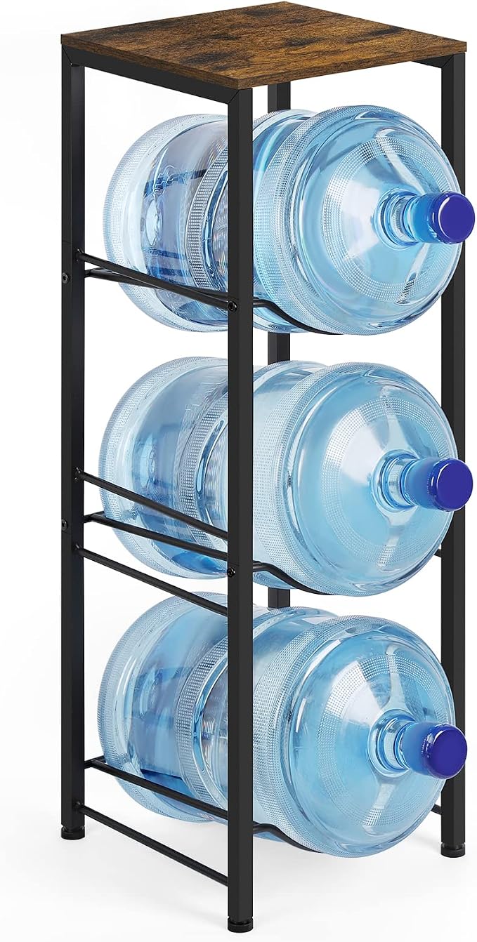 5 Gallon Water Jug Holder 3-Tiers Water Dispenser Stand Rack, Water Bottle Organizer with Storage Shelves for Kitchen Living Room Office, Rustic Brown
