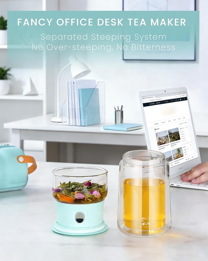 ZENS Modern Glass Infuser Teapot, One Touch Tea Release Loose Tea Maker | Loose Leaf Tea Diffusers, Magic Teapot with 9oz Mug, Portable Tea Infuser with Case, Tea Lovers Gifts, Blue