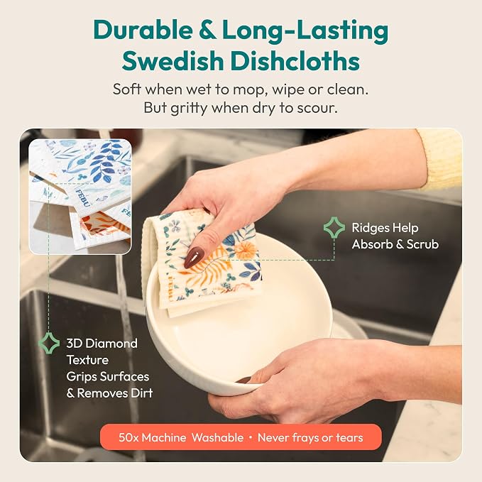 Swedish Dishcloths for Kitchen, 5 Pack, Neutrals | Reusable Paper Towels Washable, Non-Scratch Cellulose Sponge Cloths, No Odor, Biodegradable