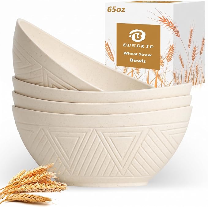 Large Bowls 65 OZ, Wheat Straw Bowls Set of 4, Unbreakable Salad Bowl, Microwave & Dishwasher Safe Big Bowl, Kitchen Serving Bowl for Salad, Cereal, Soup and Oatmeal (Beige)